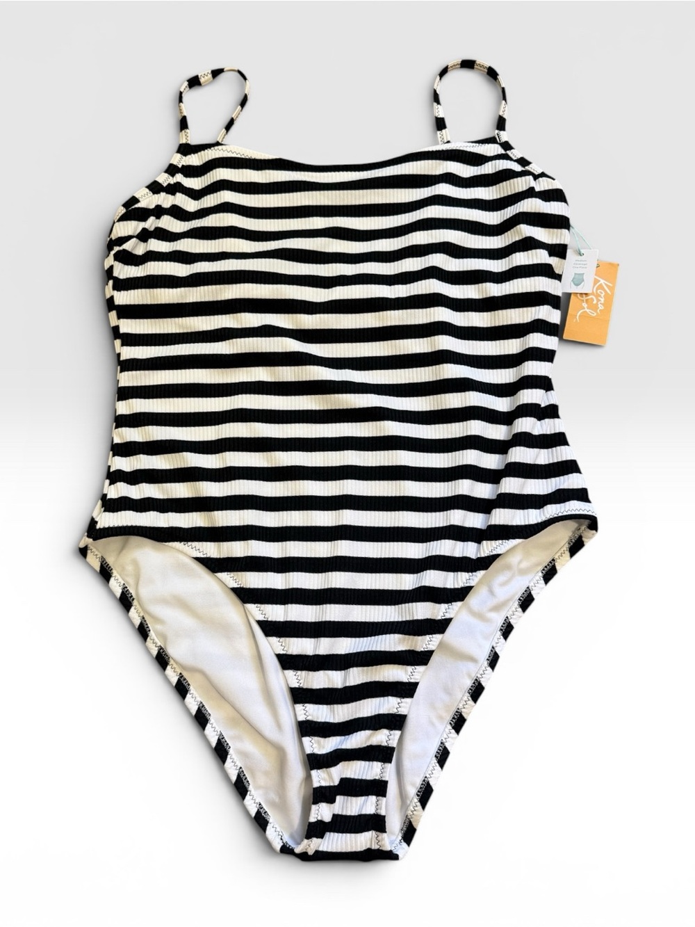 Kona Sol Black White Striped One Piece Swimsuit XL 16/18 NWT